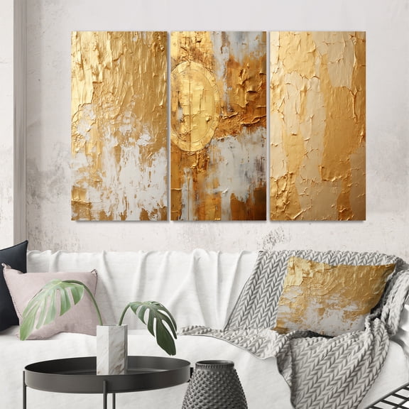 Designart "Gentle Prosperity Retro Gold Abstraction I" Abstract Painting Wall Art Set Of 3 - Modern Gold Canvas Set For Living Room Decor