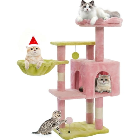 Cat Tree Tower with Metal Frame Hammock 41 Cat Trees for Indoor Cats Large Adult Cat Towers with Scratching Post Cats Condo furniture with Pink Flower Perch Cats Climbing Tower for Kittens