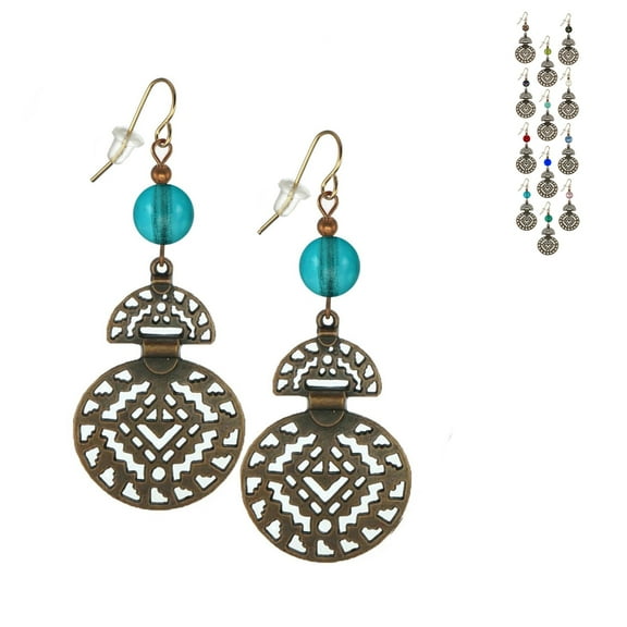 One Pair Boho Style Copper Drops with Colored Bead Earrings - Turquoise Glass