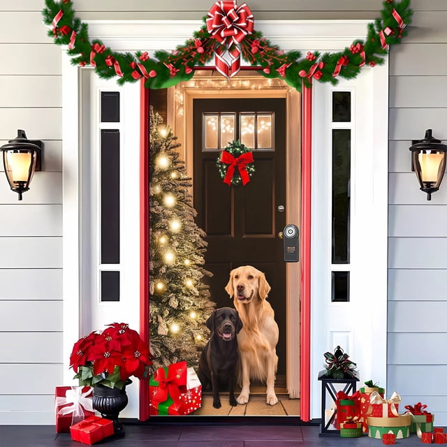 Adornos navideños para puerta, divertidos adornos navideños con un adorable perro de Papá Noel, ideales para fiestas de Navidad, noticias, invierno, 180 x 89 cm.