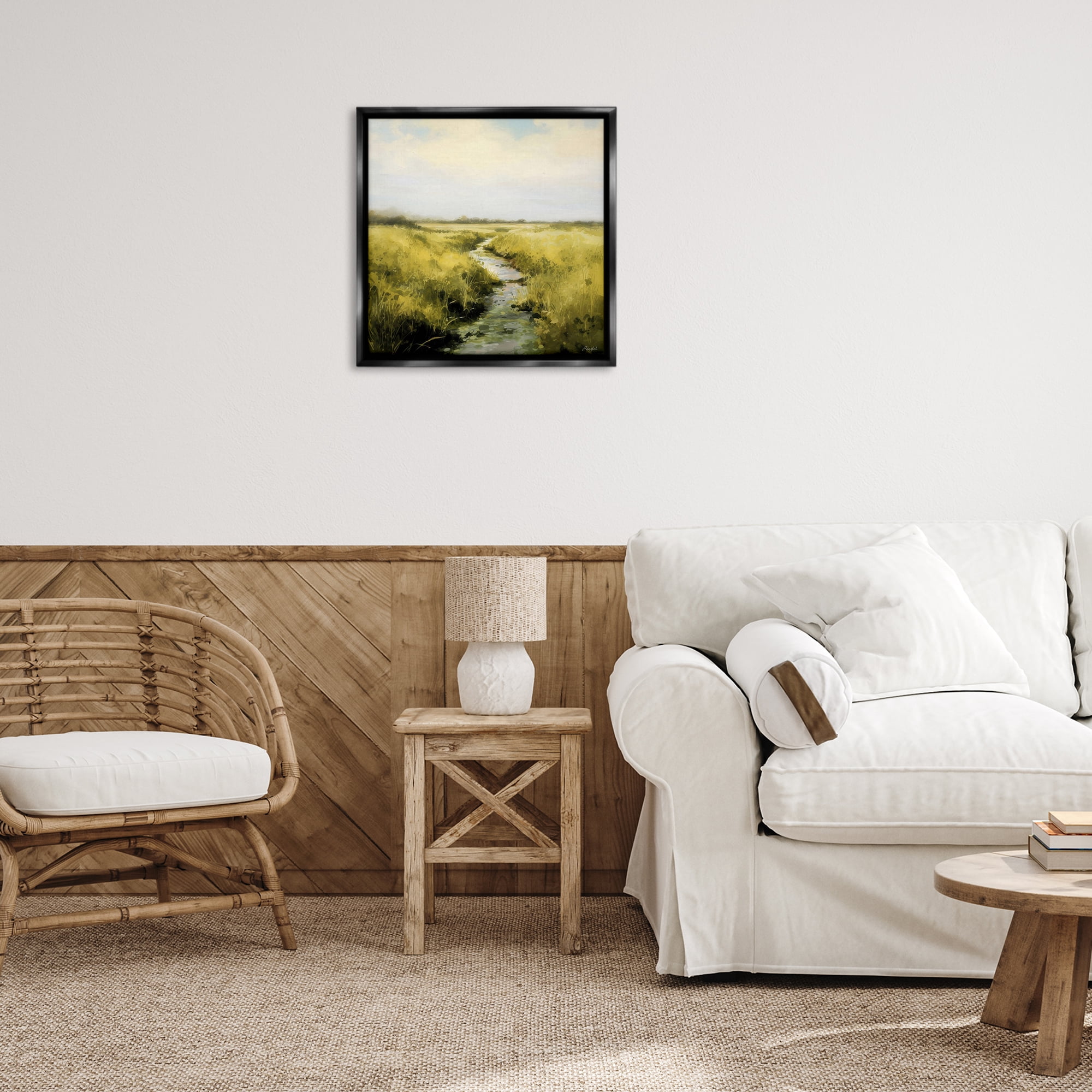 Stupell Industries Calming Horizon Stream Landscape & Nature Painting Black Floater Framed Canvas Art Print Wall Art, 25 x 25