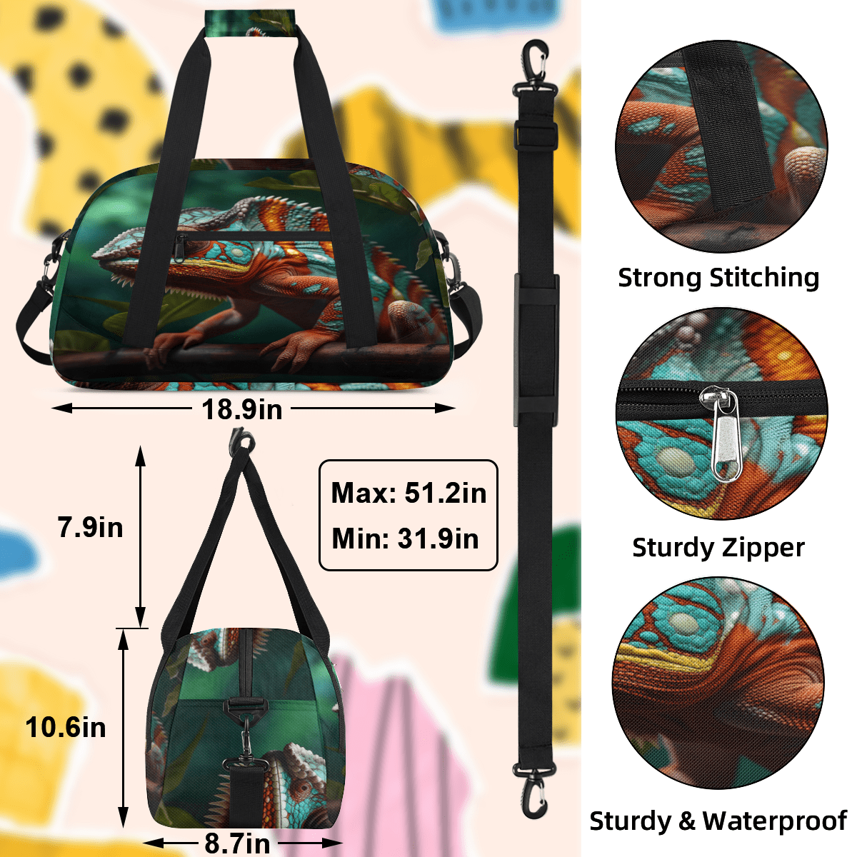 Herdesigns Sports Duffle Bags Travel Duffle Bag Gym Bag Jungle Lizard Weekender Travel Bag Waterproof Overnight Bag Carry On Travel Tote Bag Dance Bags
