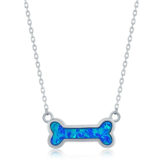 Beaux Bijoux Dog Bone, Created Blue Opal 16 2” Necklace Sterling Silver Jewelry for Women or Teens
