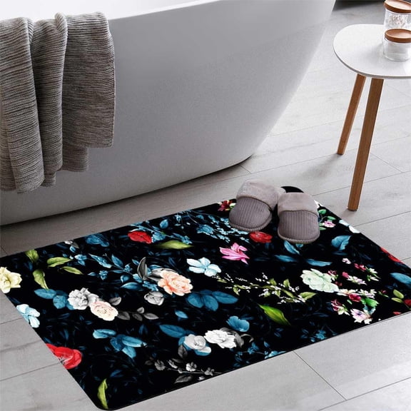 Wide Vintage Background Pattern Rose Bath Rugs 16x24 Inch Non Slip Bath Mat Quick Dry Absorbent Thin Bath Rug Fit Under Door Washable Bath Floor Rugs for Bathroom Bathtub Shower Sink,Multi 5