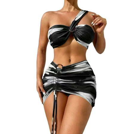 HYSYSB Bikini for Women swim Suits for Women 2025 bathing Suit for Women triangle Bikini Sets for Women 3 Piece Bikini Set Swimsuit with Sarongs Cover Ups Skirt push Up Swimsuits Black M