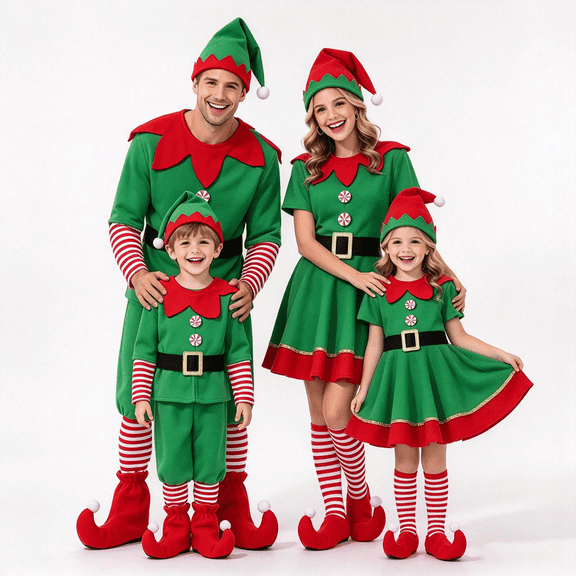 XAOFW Family Christmas Elf Costumes For Boys Long Sleeve Santa Tops Pants And Belt Hat Boot 5 Piece Sets Toddler Kids Party Performance Outfits