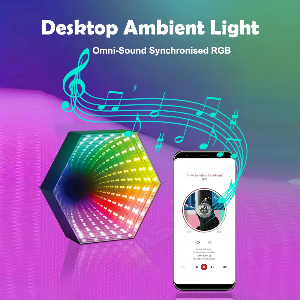 3D Hexagonal Mirror Tunnel Lamps APP Control Smart Music Rhythm Ambient Night Light Bedroom Decoration For Christmas Party