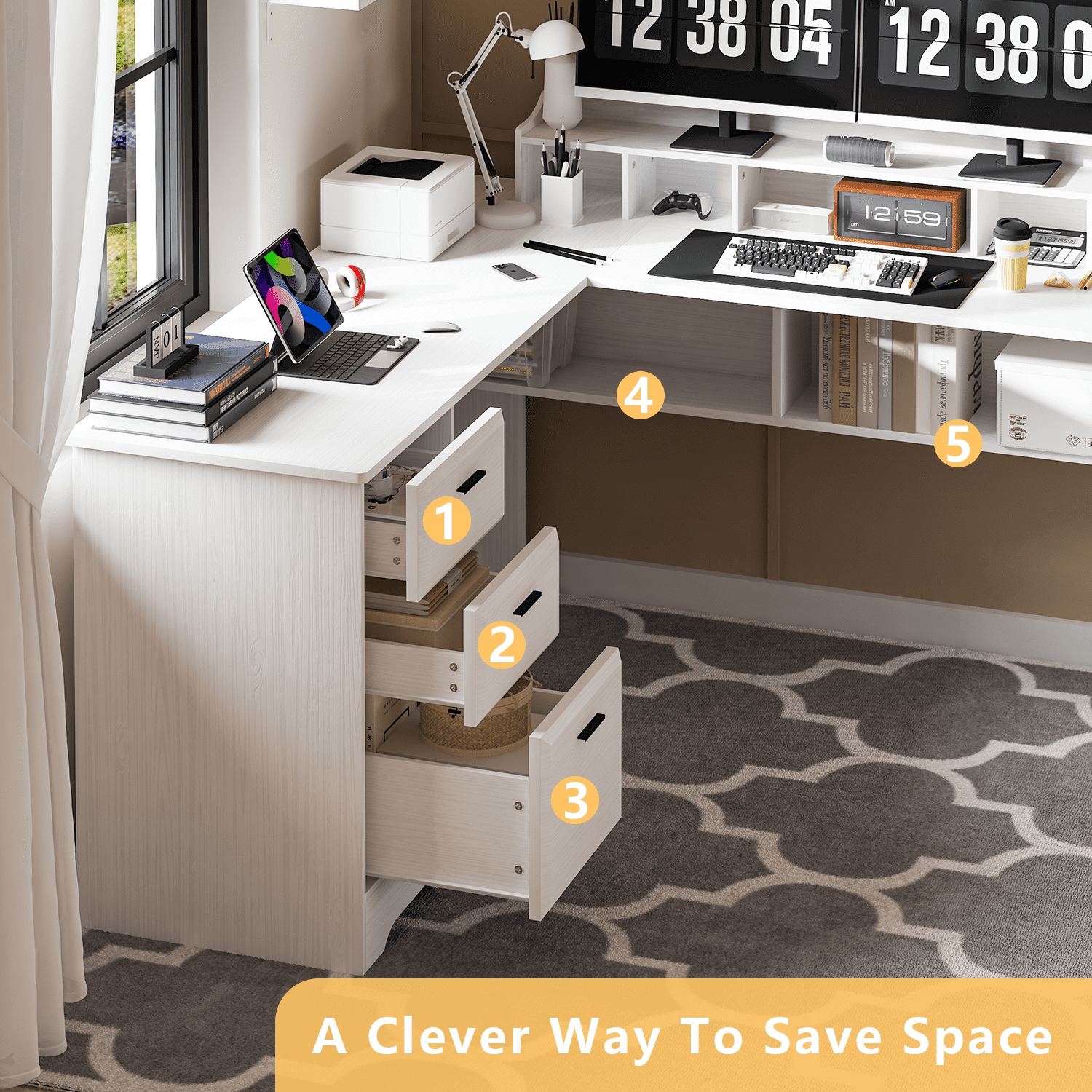 Catrimown White L Shaped Desk with Drawers, 60 Inch Corner Computer Desk with Power Outlet and USB Ports, Wooden Home Office Desk with File Cabinets, White