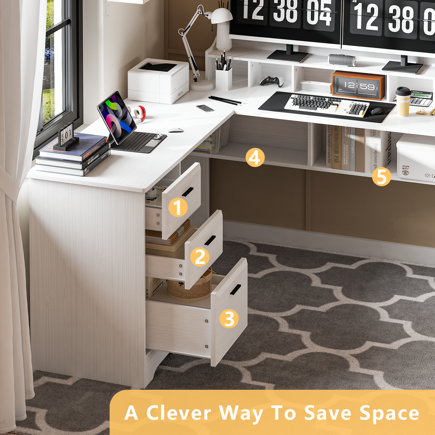 Catrimown White L Shaped Desk with Drawers, 60 Inch Corner Computer Desk with Power Outlet and USB Ports, Wooden Home Office Desk with File Cabinets, White - image 3 of 9
