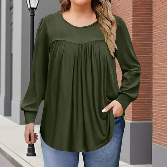 Fanxing Womens Plus Size Tops Long Sleeve Pleated Tunic Shirts Flowy Crew Neck Fall Casual Loose Blouse Army Green 5XL