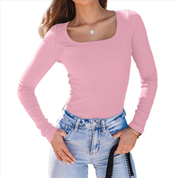 Camisas de Larga para Mujer, Blusas de Cuello Cuadrado, Blusas Básicas de Punto Acanalado, Conjuntos de Otoño, Ropa de Moda Rosa XXXL