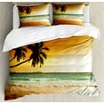 thumbnail image 1 of Tropical Duvet Cover Set Queen Size, Palm Trees over Wavy Ocean Sandy Beach and Dramatic Sky Exotic Vacation, Decorative 3 Piece Bedding Set with 2 Pillow Shams, Amber Green White, by Ambesonne, 1 of 3