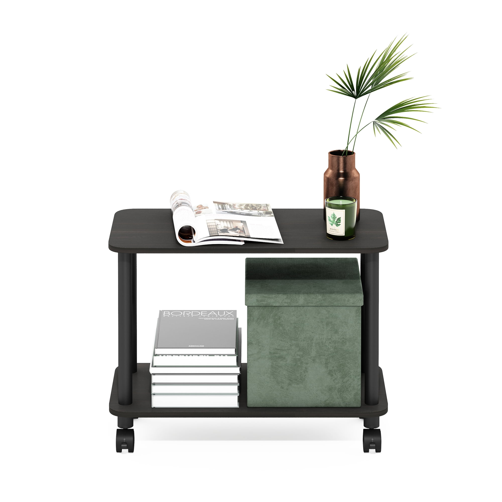 Furinno Turn-N-Tube Modern Rectangle End Table, Side Table with Casters, Espresso/Black