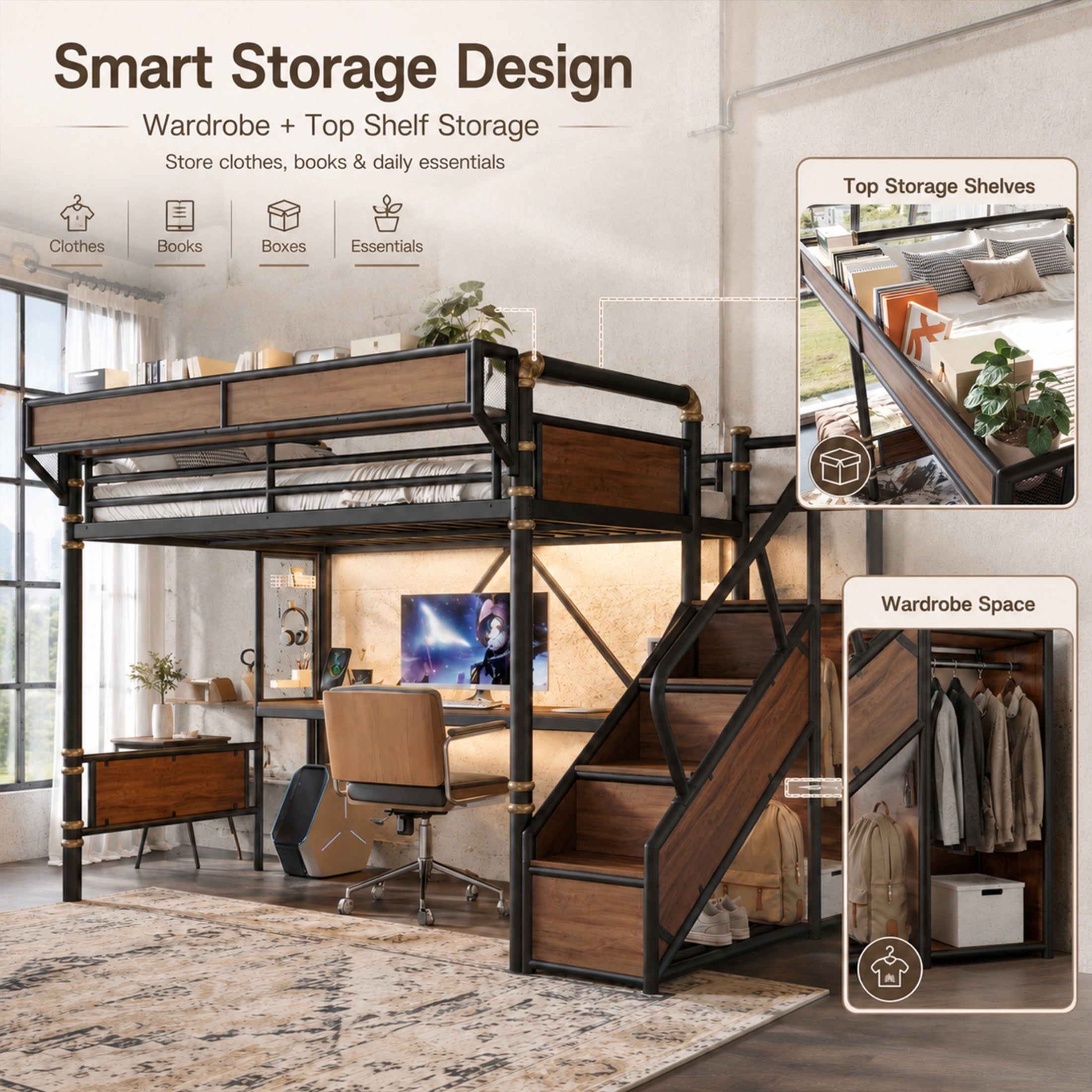 GDF Studio Queen Size Metal Loft Bed with Desk, Power Outlet, LED Light, Storage & Wardrobe, Black