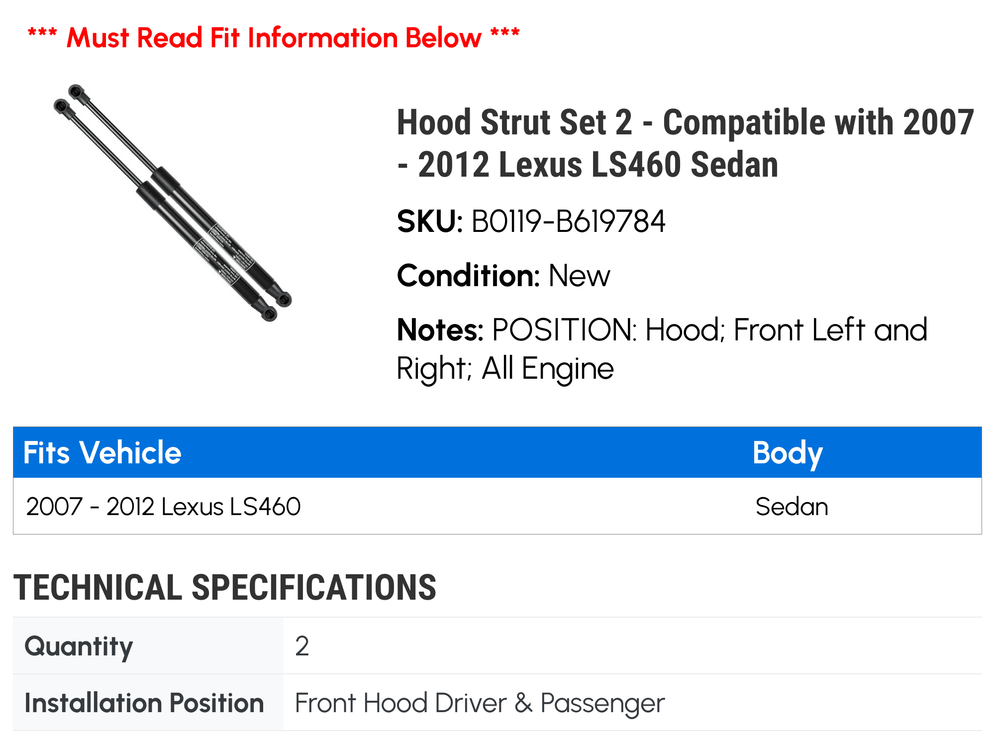 Hood Strut Set 2 - Compatible with 2007 - 2012 Lexus LS460 Sedan - Autopart Premium