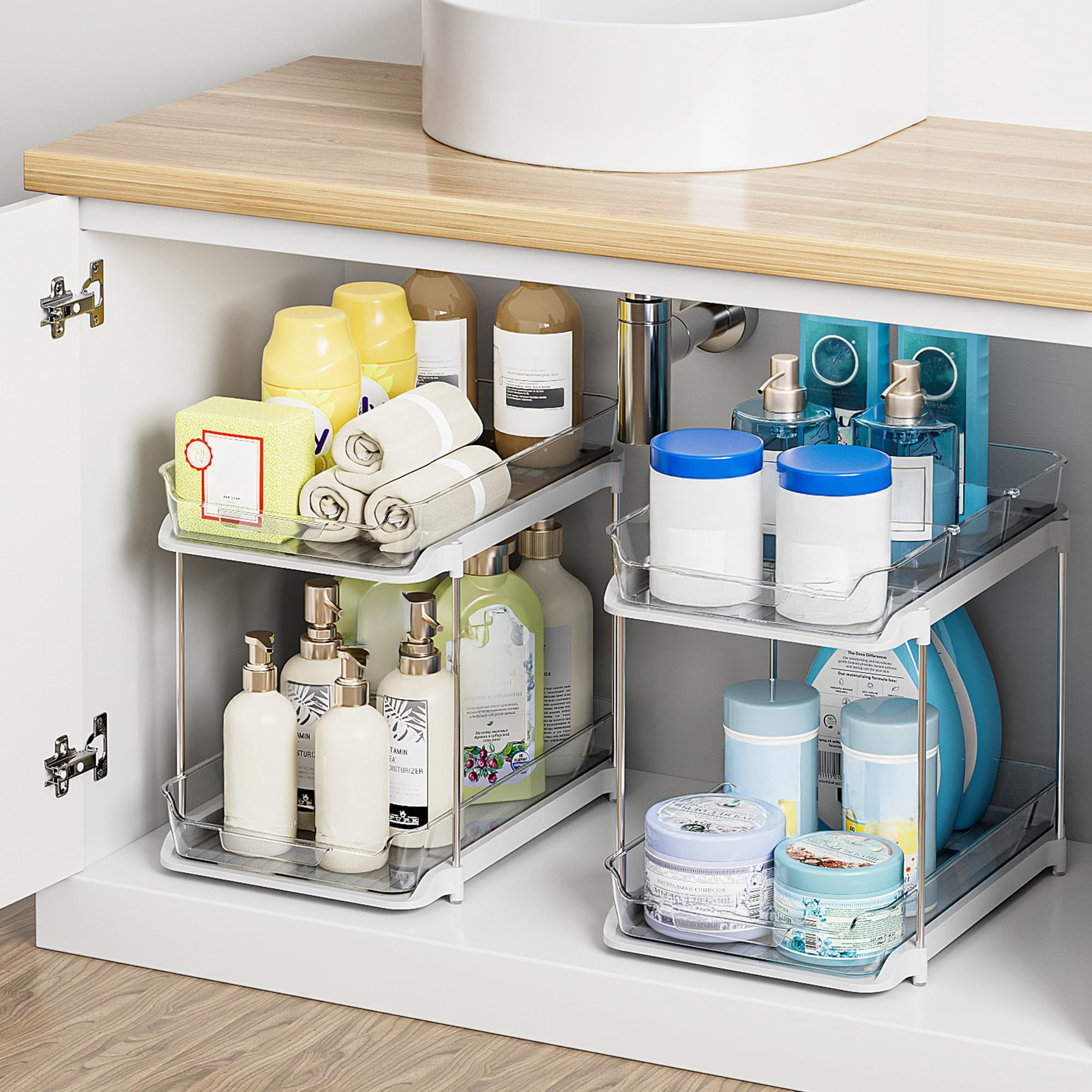 2-tier Multi-purpose Bathroom Under Sink Organizers And Storage  Stackable Kitchen Pantry Organization Pull Out Cabinet Organizer With Movable Dividers White 2 Pack