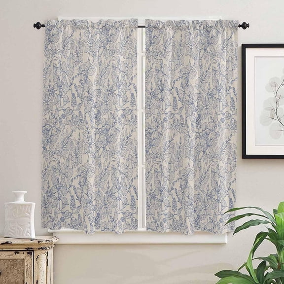 Blue Botanical Window Curtains 63 Inch Length, Rustic Vintage Floral Leaves Rod Pocket Kitchen Window Treatments Drapes for Bedroom, Cafe, Living Room, 2 Panels, 42 W x 63 L