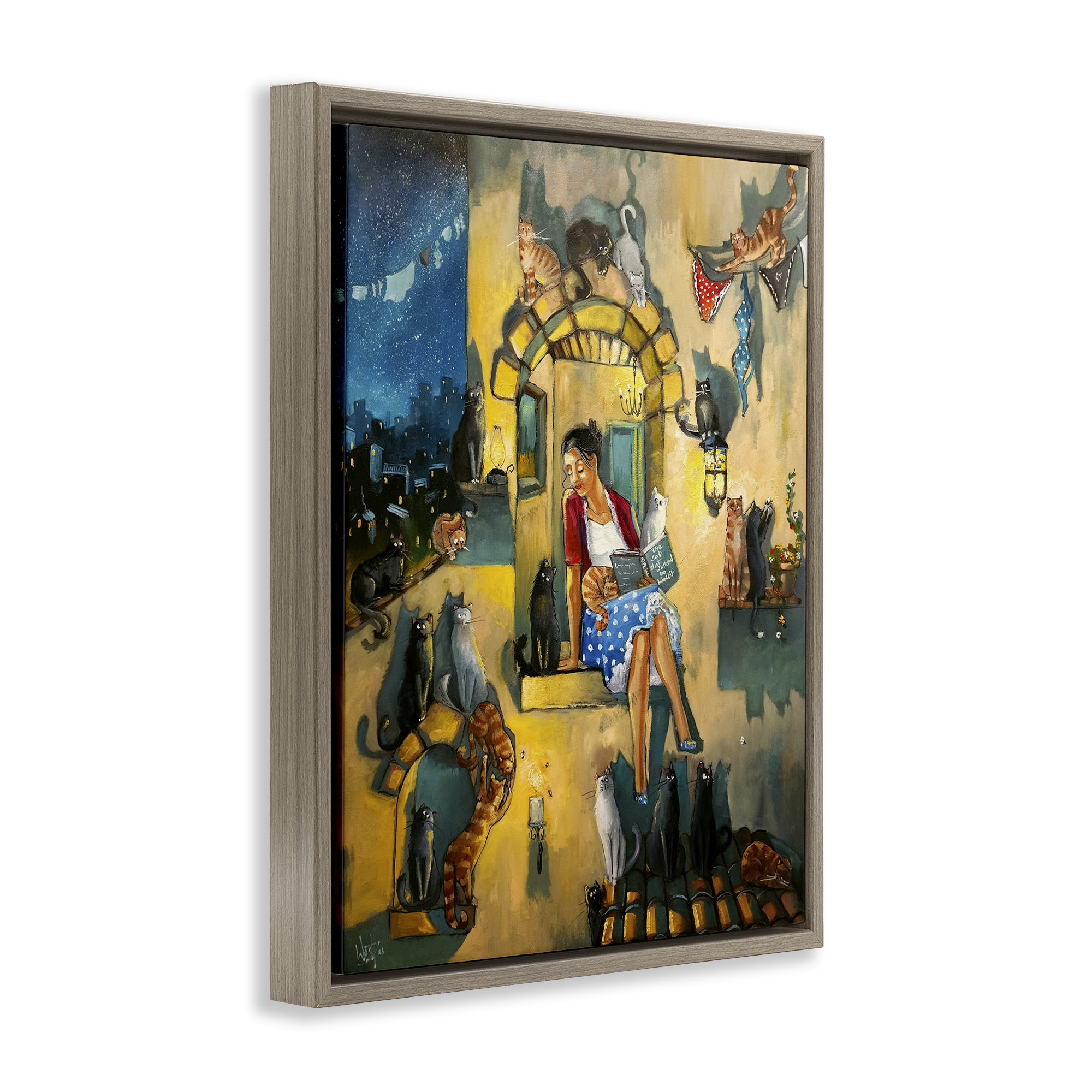 Stupell Industries Window Scene with Cats Town & City Painting Brown Floater Framed Canvas Art Print Wall Art, 25 x 31