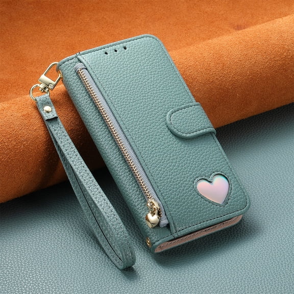 ELEHOLD Case for iPhone 15 Pro, Shockproof Zipper Leather Wallet Case with Wrist Strap, Magnetic Closure, Stand Function,Blue
