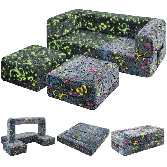 baxluxe Modular Kids Play Couch Glow Convertible Foam Sofa, Toddler Couch Butterfly Fold Out Play Foam Floor Cushion for Bedroomm Play Couch