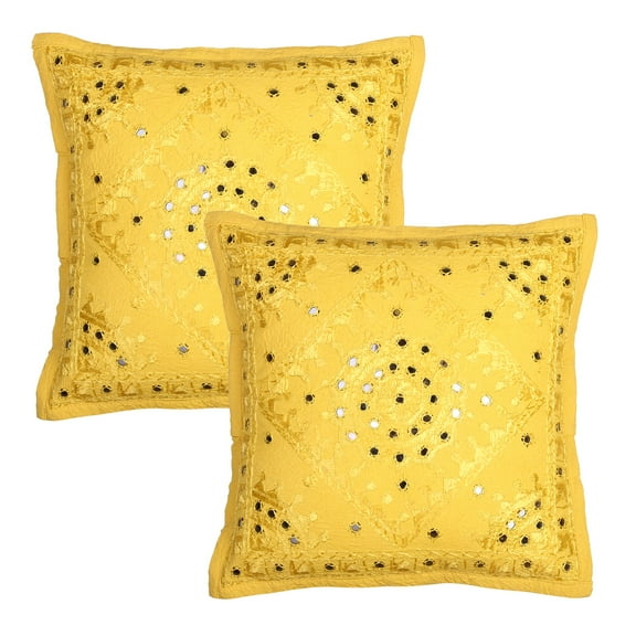 Stylo Culture Ethnic Settee Sofa Throw Pillow Covers 16x16 Hand Embroidered Yellow Bohemian 40x40 cm Home Decor Cotton Mirrored Square Cushion Covers | Set Of 2