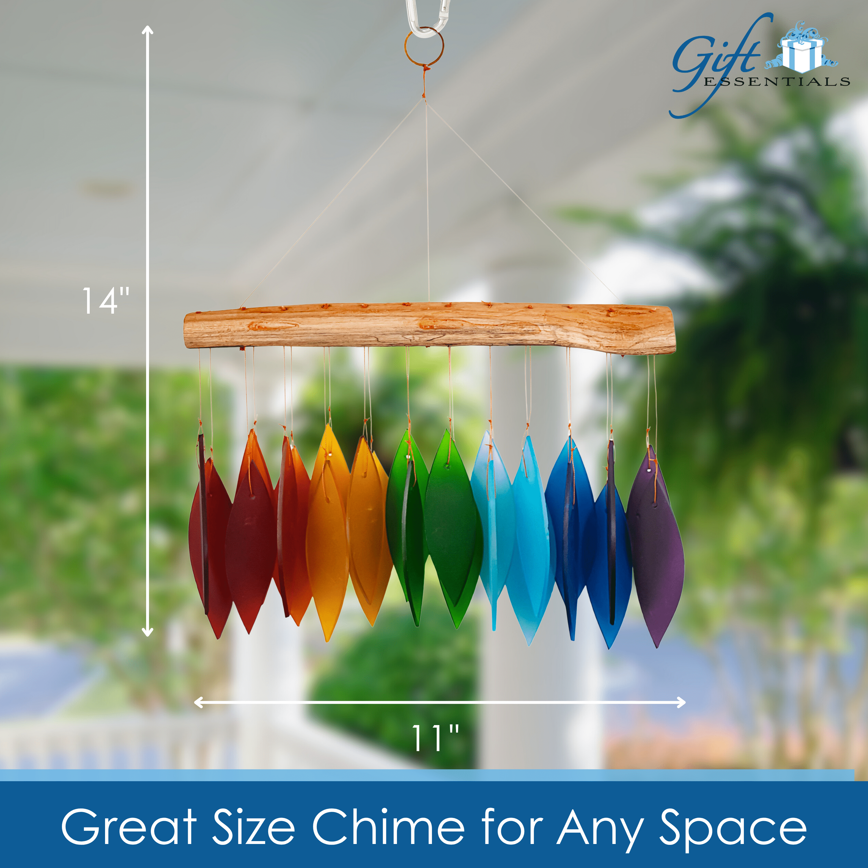 Blue Handworks Rainbow Glass Chime, Sandblasted Glass and Found Wood Handcrafted Wind Chime