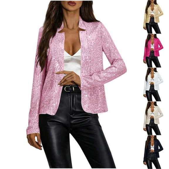 Miluxas Women Fashion Sequin Jacket Glitter Sparkle Stand Collar Open Front Solid Casual Long Sleeve Blazer Coat White XL(XL)