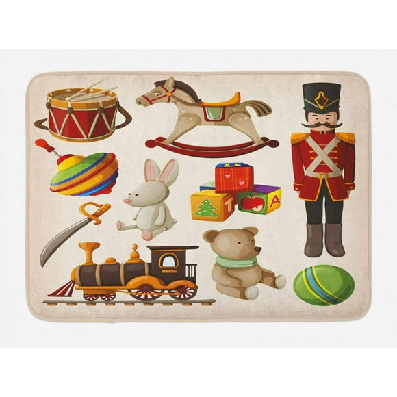 Lunarable Cartoon Bath Mat, Vintage Wooden Toys Design Rocking Horse Blocks Doll Drum Train Retro Illustration, Plush Bathroom Decor Mat with Non Slip Backing, 29.5" X 17.5", Multicolor
