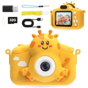 Kids Camera for Toddler 1080HD Selfie Digital Cameras Giraffe Portable Camera Toy for Girls and Boys 3-12 Years with 32GB Card,Silicone Cover(Yellow)