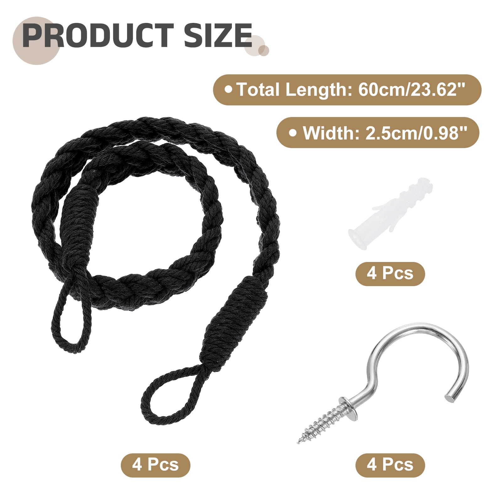 Unique Bargains Rope Curtain Tieback Cotton Hand-Woven Curtain Drapes Holdbacks 4Pcs Black