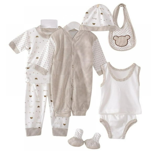 [BRAND CLEARANCE!!!] 0-3M Newborn Baby Clothing 8Pcs Set Boys Girls Cotton Polka Dot Clothes (Brown)