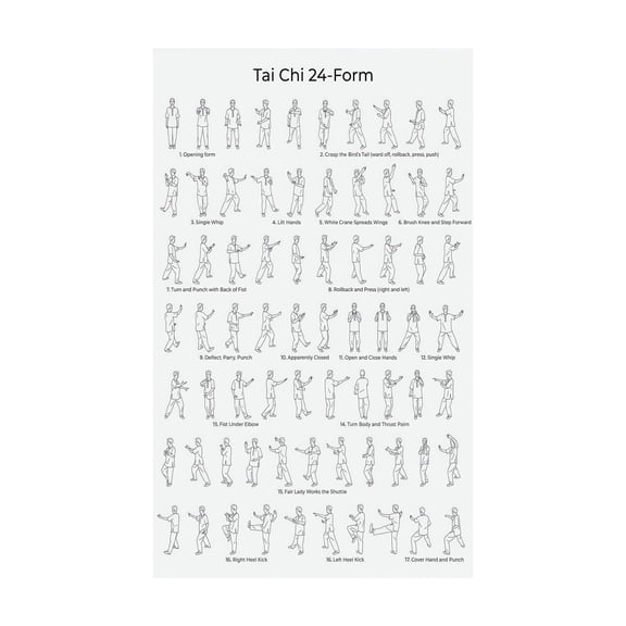 Tai Chi Moves Chart Poster 42 Step Sequence for Beginners Learning Mind Body Exercise and Relaxation Wall Art for Home Gym and Studio