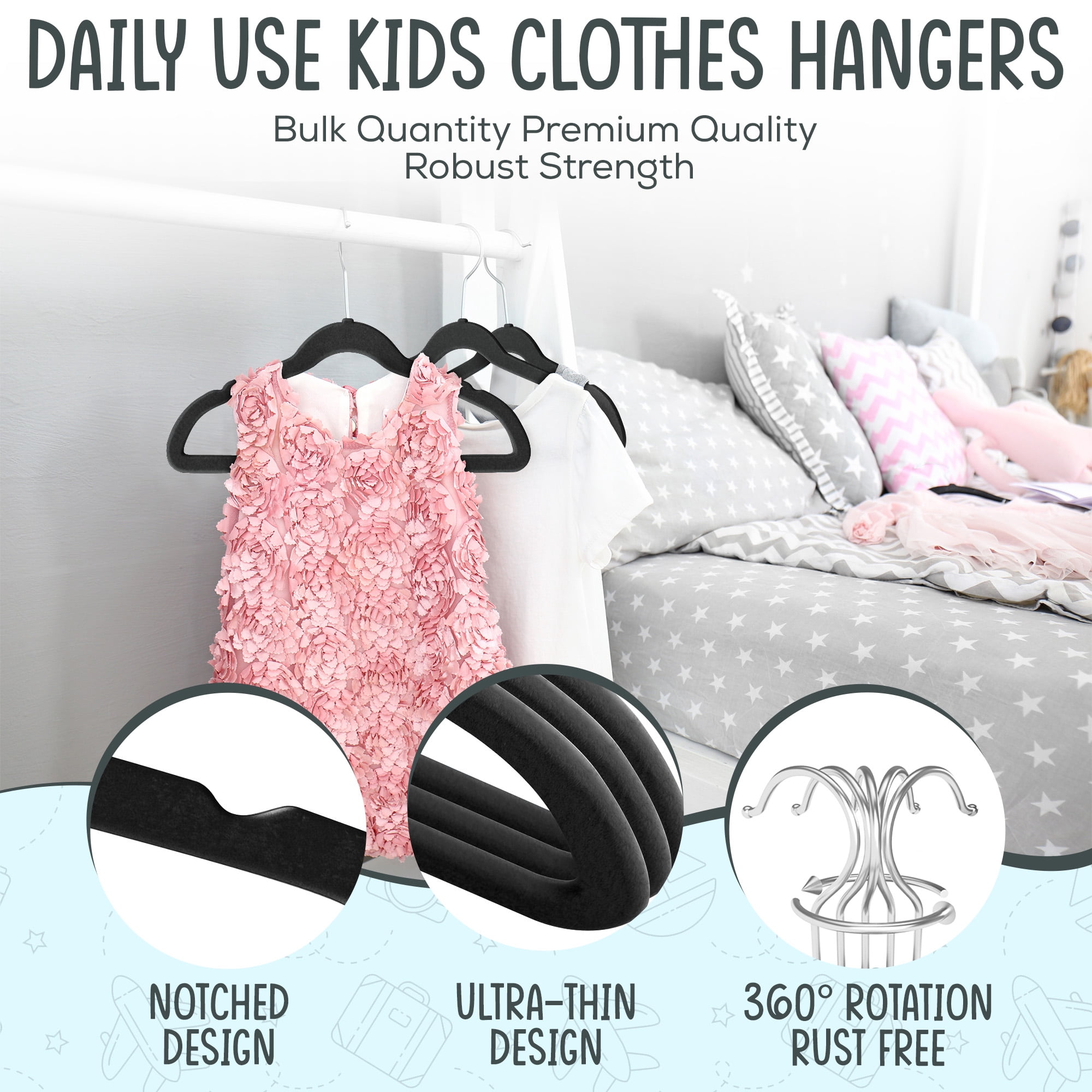 Techzoo Premium Kids Velvet Hangers 55 Pack – 14" Non Slip Felt Cloth Hangers for Closet – Ultra Slim, Space Saving Kids Clothes Hangers with 360° Swivel Hook, Toddler Children Kids Hangers – Black