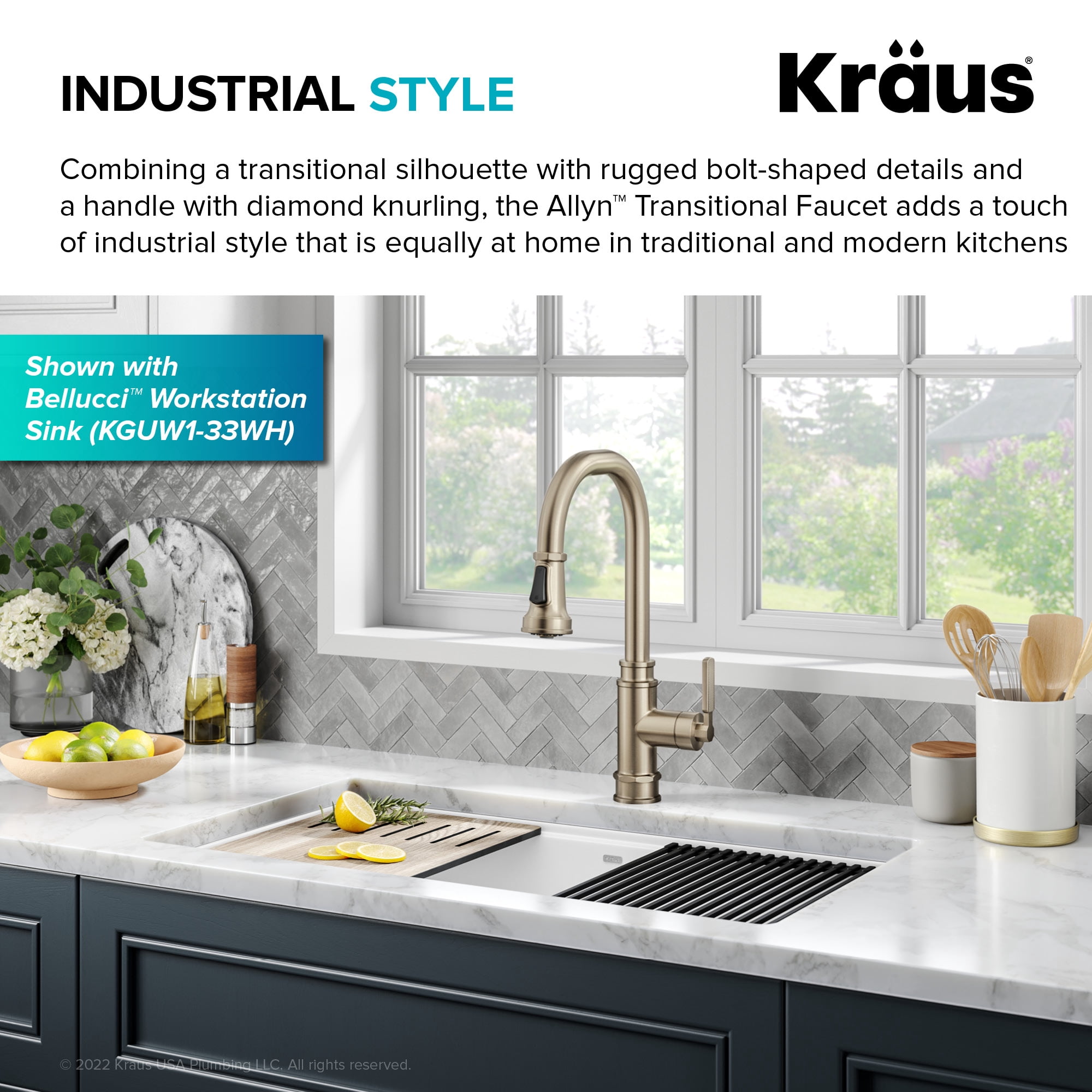 KRAUS Allyn Transitional Industrial Pull-Down Single Handle Kitchen Faucet in Spot-Free Antique Champagne Bronze