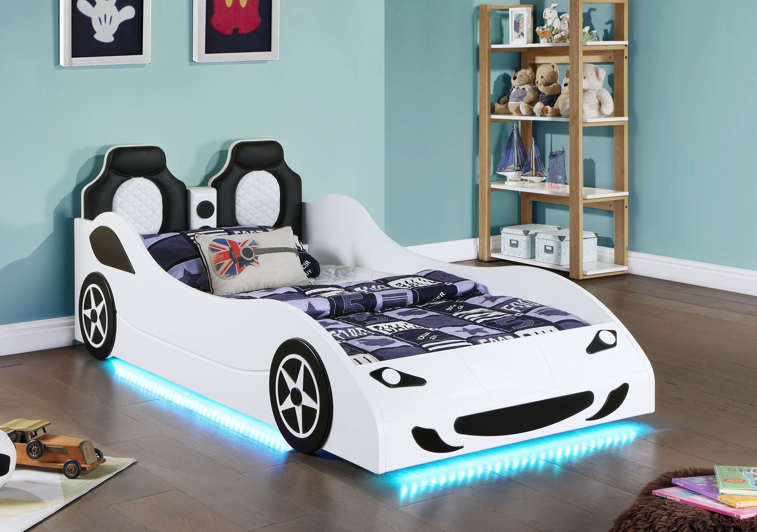Coaster Cruiser Wood Twin LED Race Car Bed with 7-inch Mattress in White