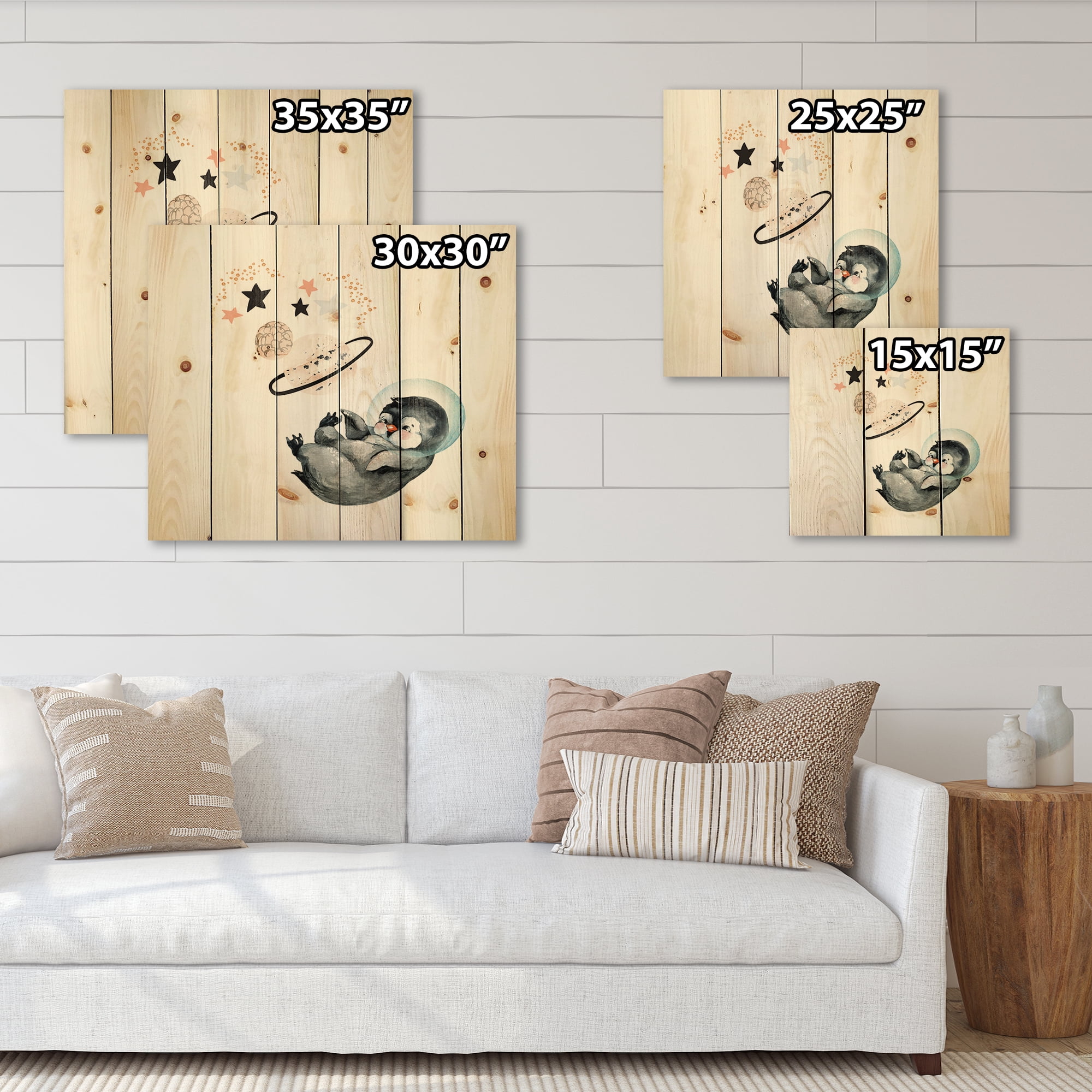 Designart 'Little Penguin With Planets and Stars I' Farmhouse Print on Natural Pine Wood