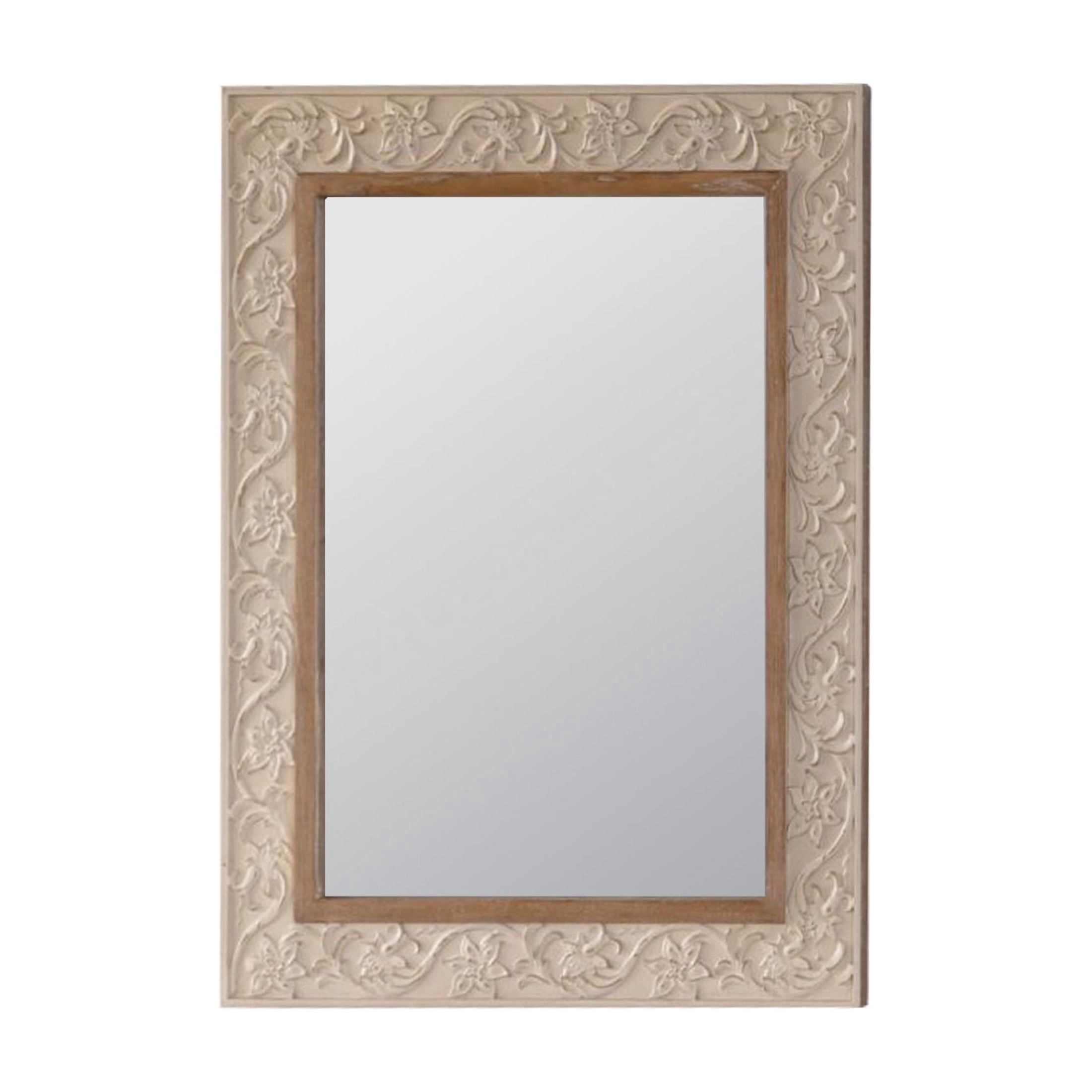 Noble House Westmere Vintage Carved Pattern Rectangular Wall Mirror, Ornate Floral Retro Frame, Beige & Brown