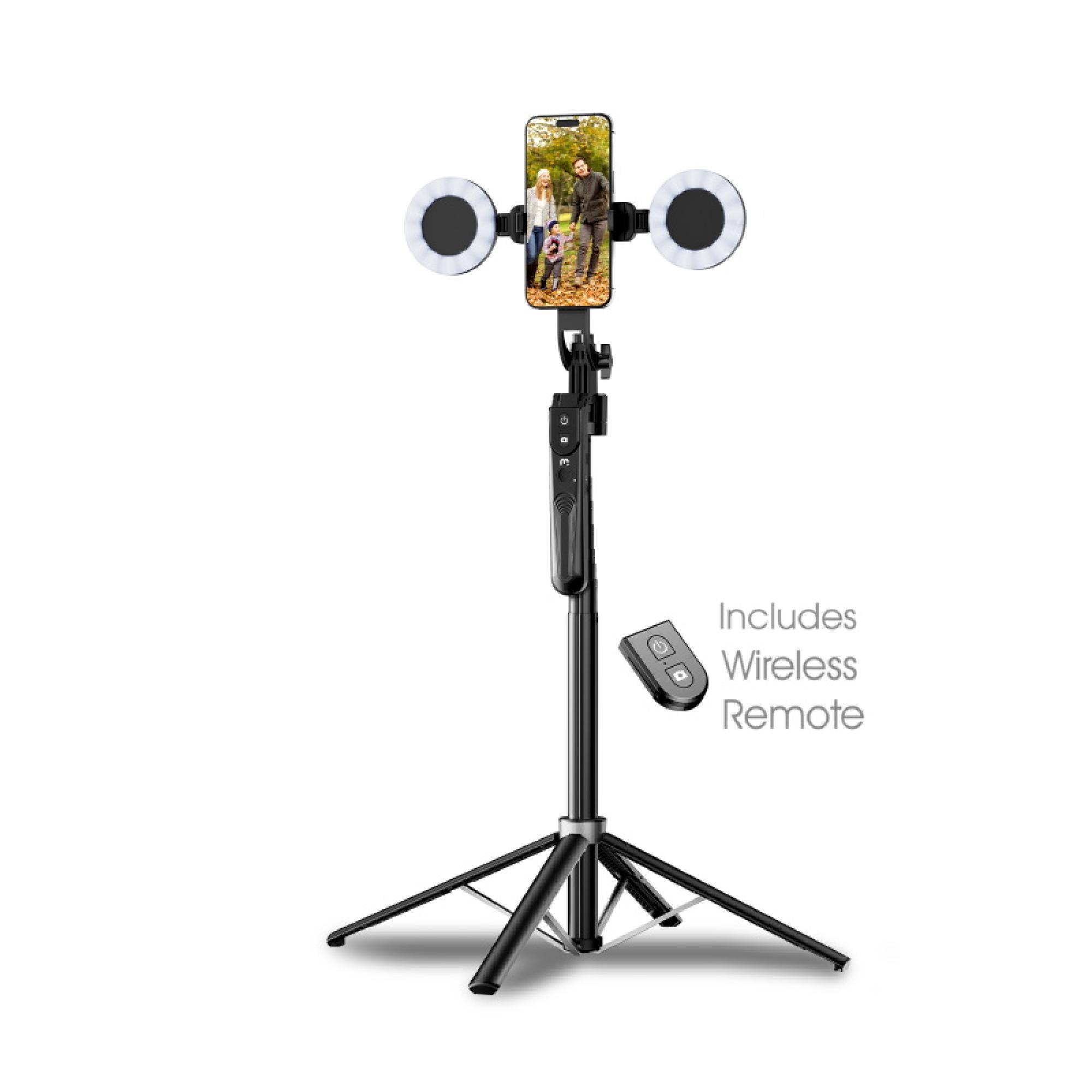 Smart Auto-Tracking Selfie Tripod with Wireless Remote & Dual Ring Lights – 360° Rotation, Face Tracking No App Need