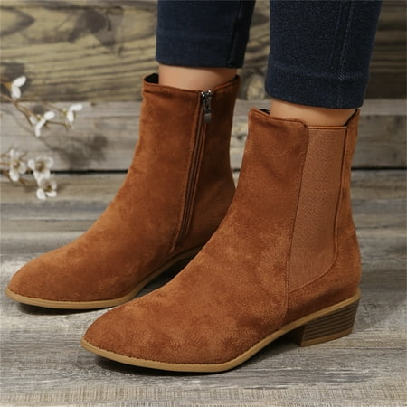 

Gubotare Womens Ankle Boots Womens Slip on Ankle Boots Mid Calf Low Heeled Short Booties (Brown 8.5)