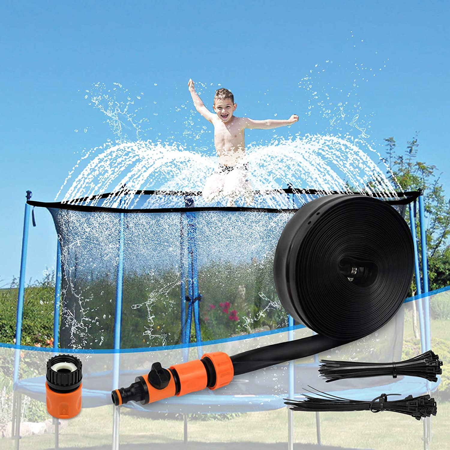 39ft Trampoline Sprinkler Kids Summer Outdoor Water Toy Spray w/45pcs Cable Ties 