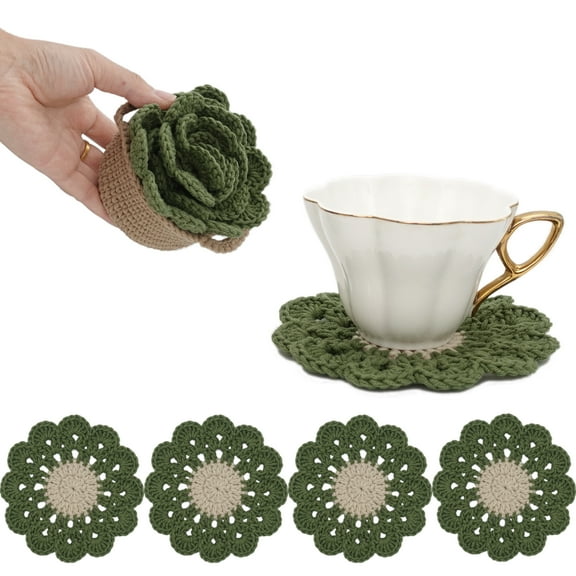 DICHA Crochet Leaf Pot Coasters-Container Beverage Coaster Sets with Holder Bar Coasters for Drinks Coffee Table Desk-Succulent Plant Pot Coaster-Set of 5