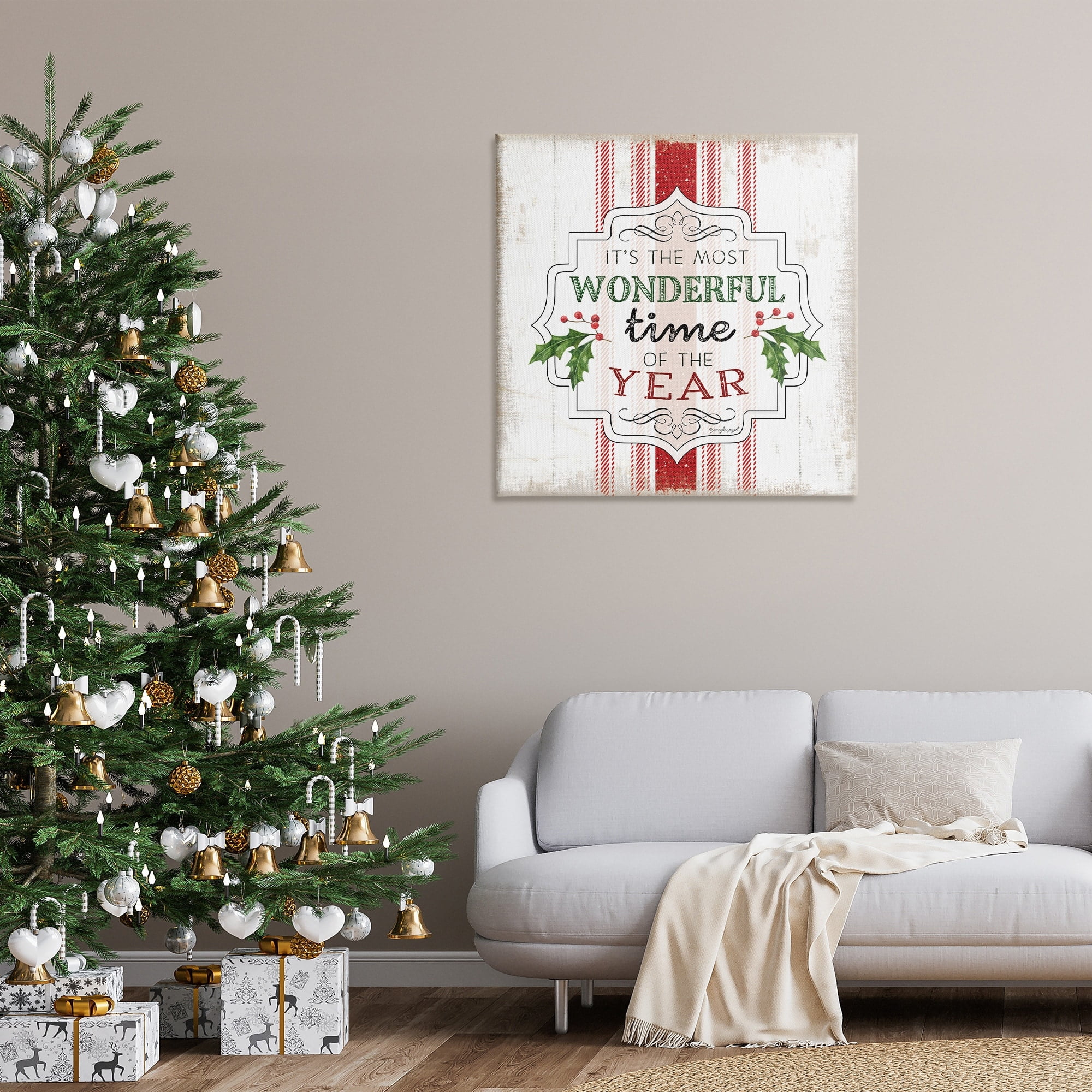 Festive Holiday Quote Holly Sprig Rustic Stripes Inspirational Graphic Art Gallery-Wrapped Canvas Print Wall Art