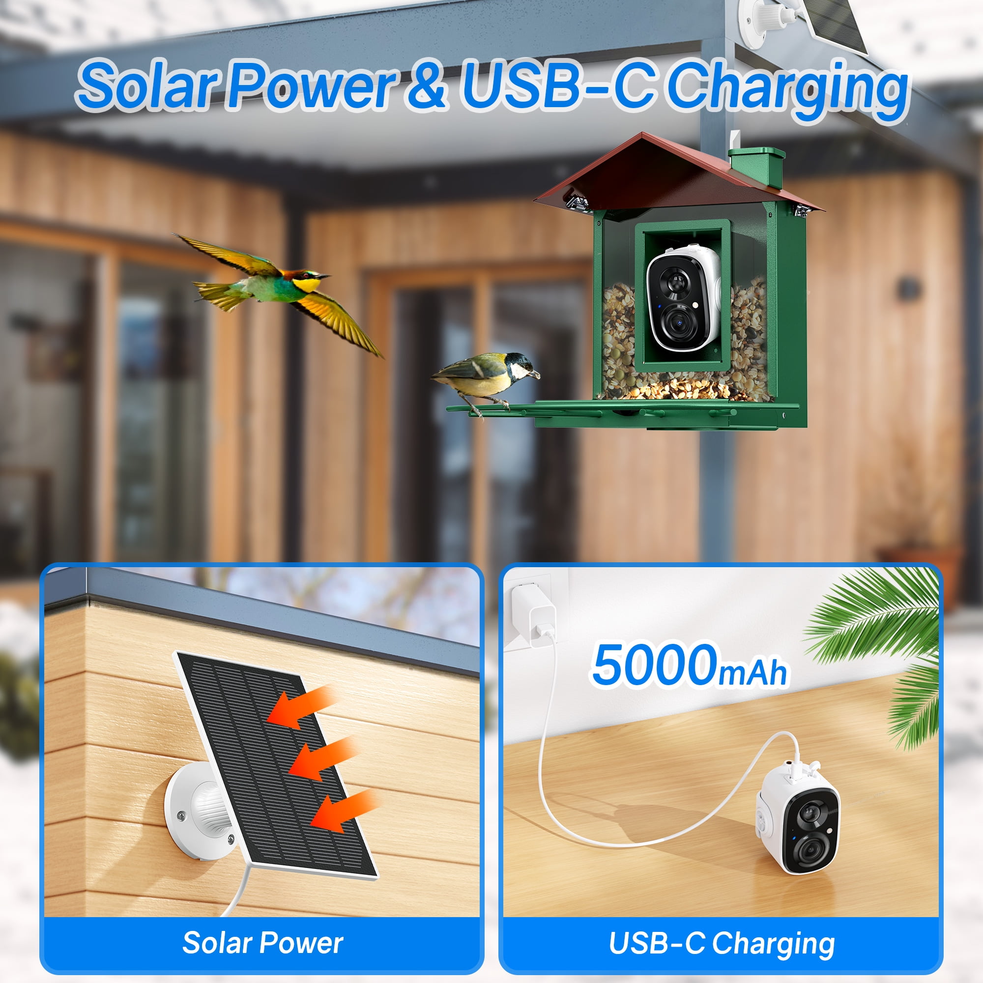 AI Bird Feeder Camera with Solar, 2K Night Vision, Identifies 1000+ Species, Outdoor Gift for Bird Lovers Father's Day Gifts