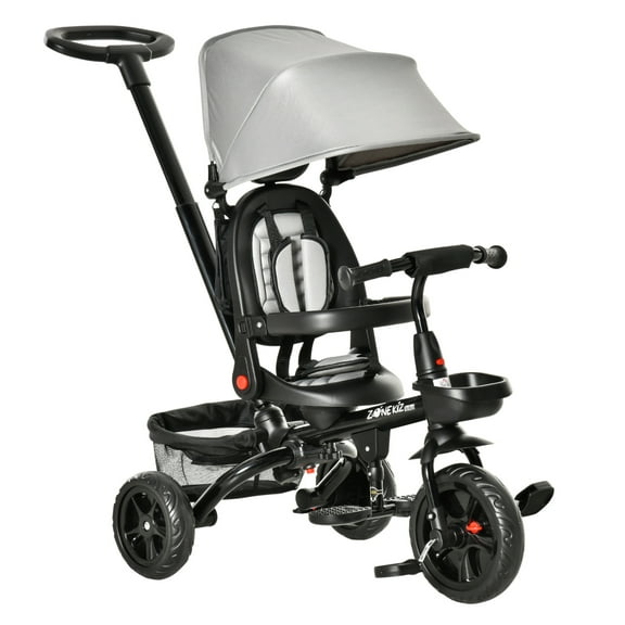 Baby Tricycle 4 in 1, Adjustable Trike for Toddlers 1-5 Years - Grey - with Parent Handle, Canopy, Storage & Safety Features Grey   Polypropylene