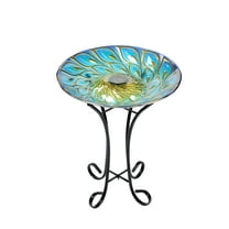 Hi-Line Gift 78415-E Solar Glass Peacock Feathers Bird Bath with Stand