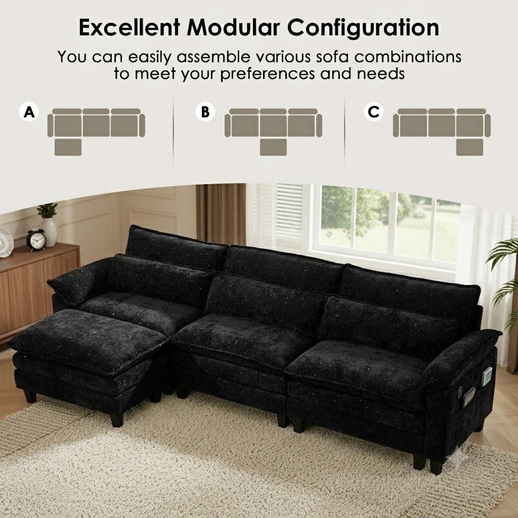 Avobird Cloud Couch Modular Sectional Sofa for Living Room, 113" L Shaped Convertible Couch Chenille Thick Cushion with Ottoman and USB Charging, Dual Cushions, Starry Black