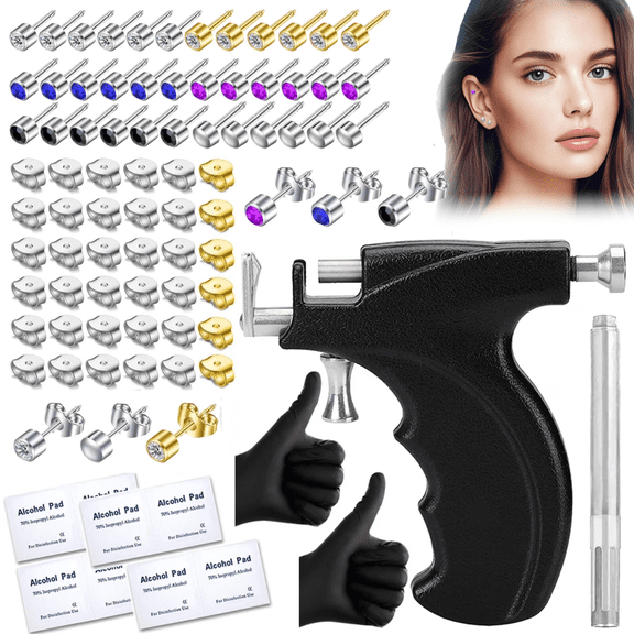 Professional Ear Piercing Gun Kit, Including Black Ear Piercing Gun, 36 Stud Earrings, 8 Cleaning Pads, 1 Pair Gloves, 1 Marker Pen, for Salon and Home Use