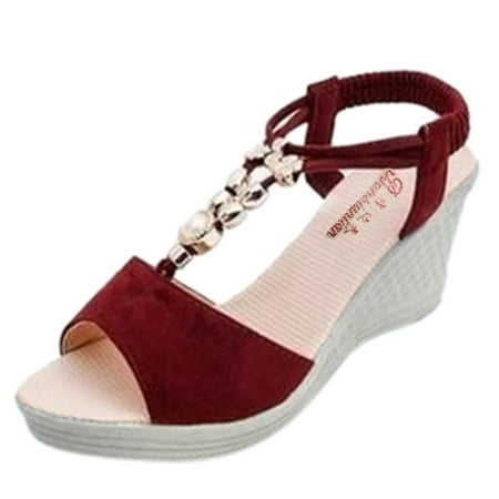 

Zpanxa Shoes for Women Ladies Fashion Wedges String Bead Casual Roman Sandals Shoes Red Womens Shoes 35