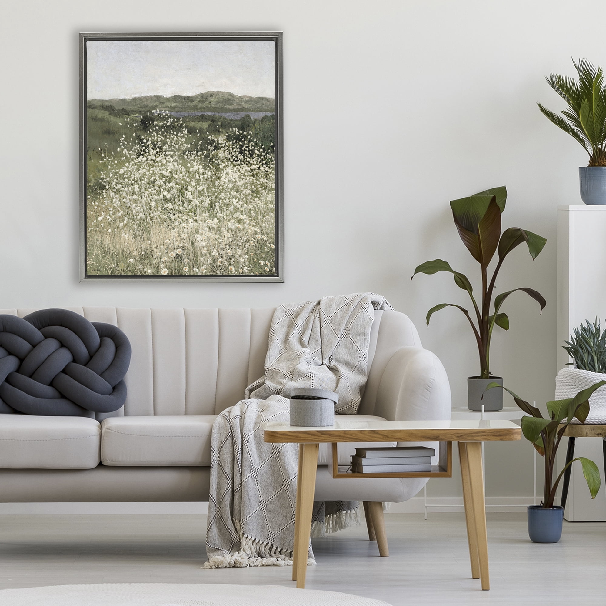 Stupell Industries Sunlit Meadow of White Daisies Gray Framed Floater Canvas Wall Art, design by Amber Sterling