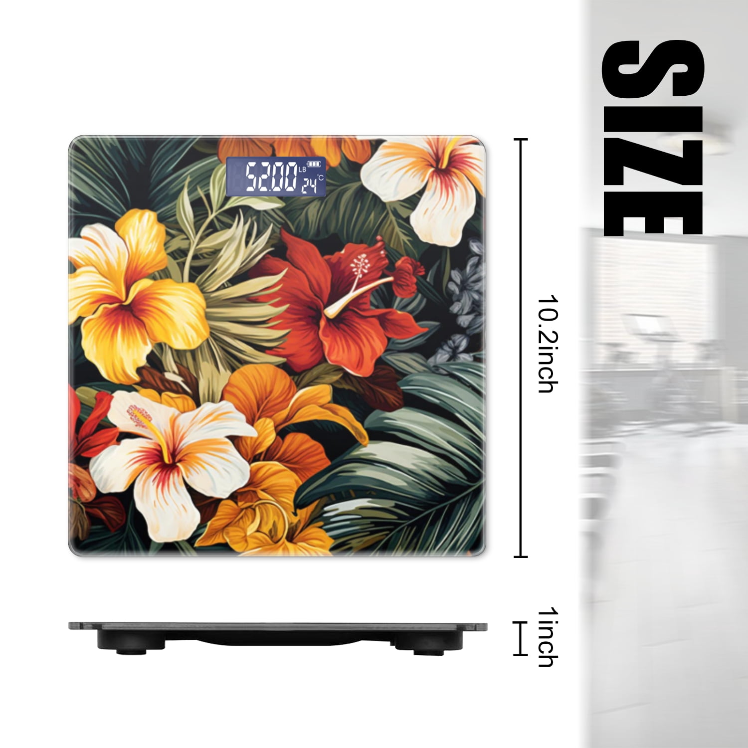 Bathroom Scale, Highly Accurate Digital Body Scale,Precisely Measures Weight up to 400 lbs-Hawaiian Tropical Floral Pattern With Red And Yellow Flowers